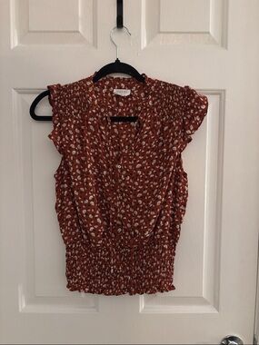 Sienna Sky Rust Floral Smocked Hem Cap Sleeve Blouse